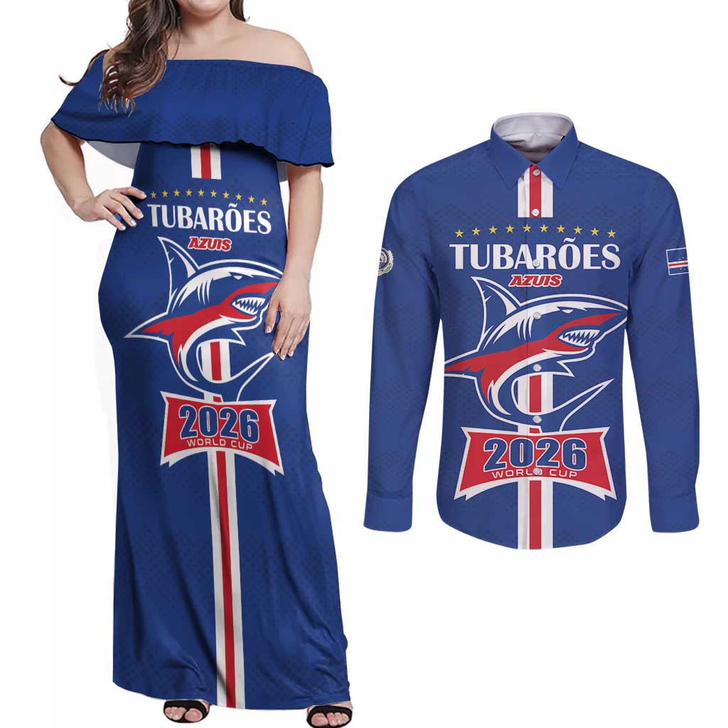 Custom Cape Verde 2026 Football Couples Matching Off Shoulder Maxi Dress and Long Sleeve Button Shirt Blue Sharks WC Debut - Wonder Print Shop