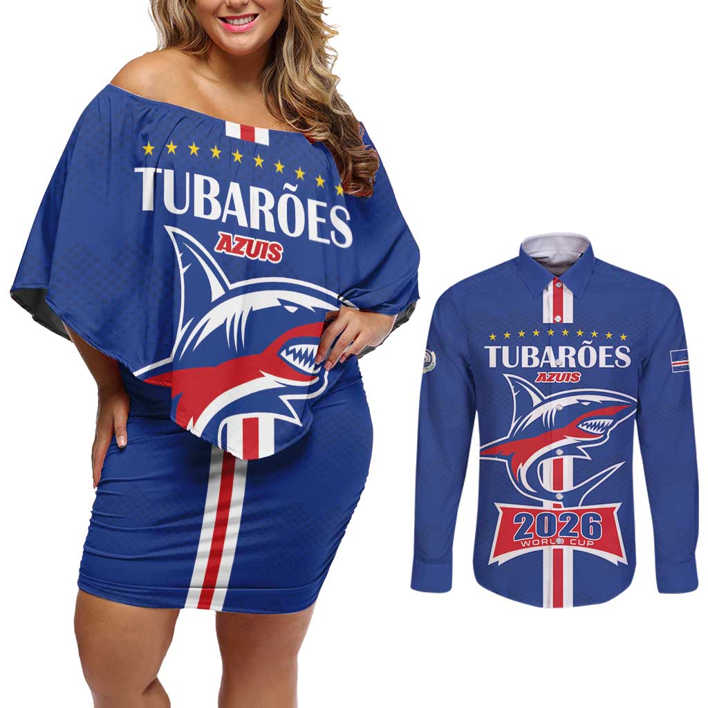 Custom Cape Verde 2026 Football Couples Matching Off Shoulder Short Dress and Long Sleeve Button Shirt Blue Sharks WC Debut - Wonder Print Shop