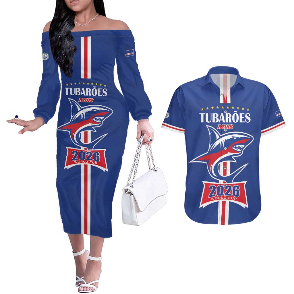 Custom Cape Verde 2026 Football Couples Matching Off The Shoulder Long Sleeve Dress and Hawaiian Shirt Blue Sharks WC Debut - Wonder Print Shop
