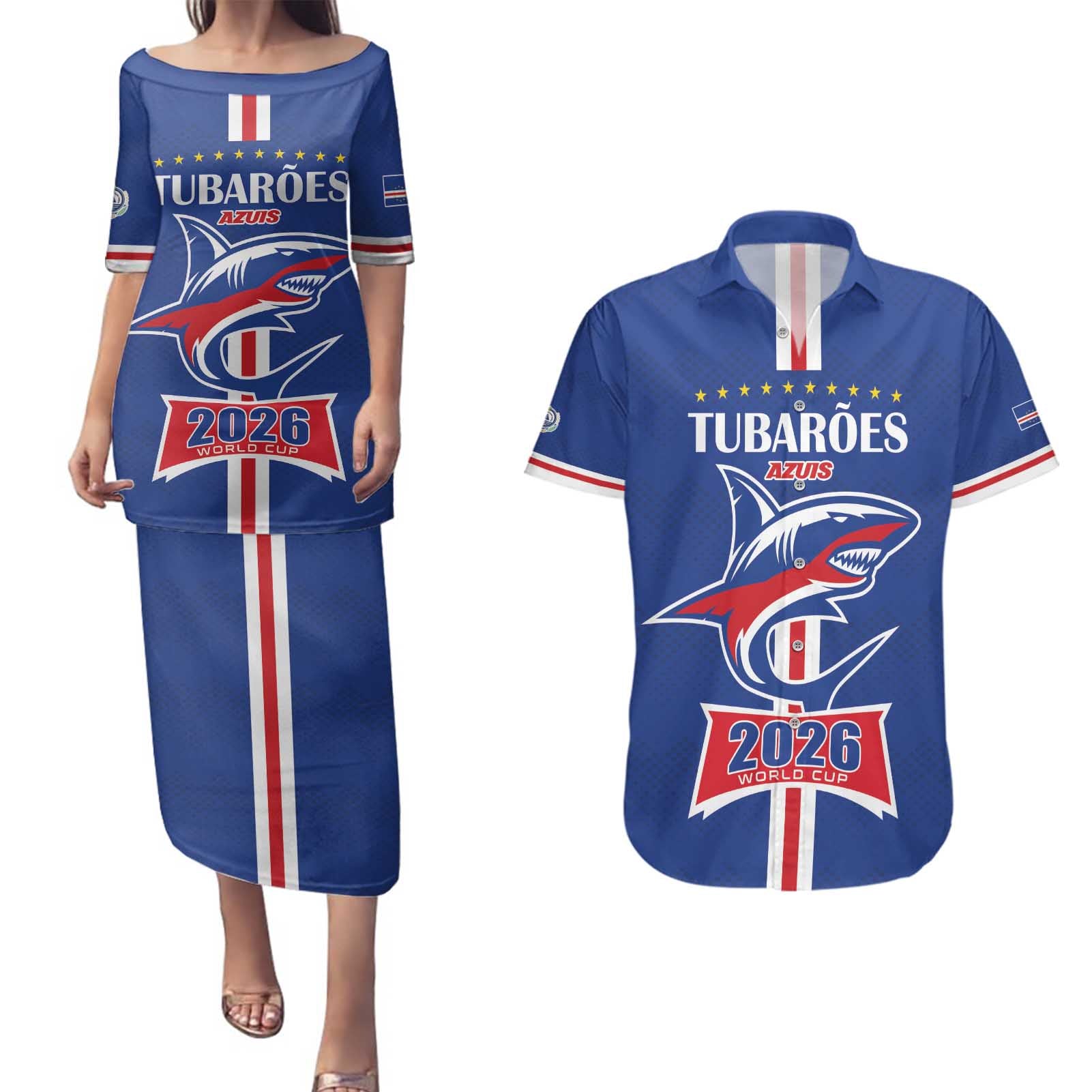Custom Cape Verde 2026 Football Couples Matching Puletasi and Hawaiian Shirt Blue Sharks WC Debut - Wonder Print Shop