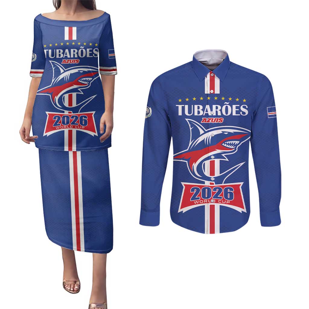 Custom Cape Verde 2026 Football Couples Matching Puletasi and Long Sleeve Button Shirt Blue Sharks WC Debut - Wonder Print Shop