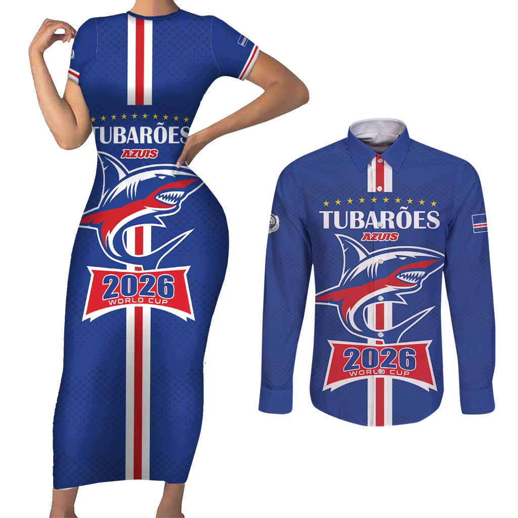 Custom Cape Verde 2026 Football Couples Matching Short Sleeve Bodycon Dress and Long Sleeve Button Shirt Blue Sharks WC Debut - Wonder Print Shop