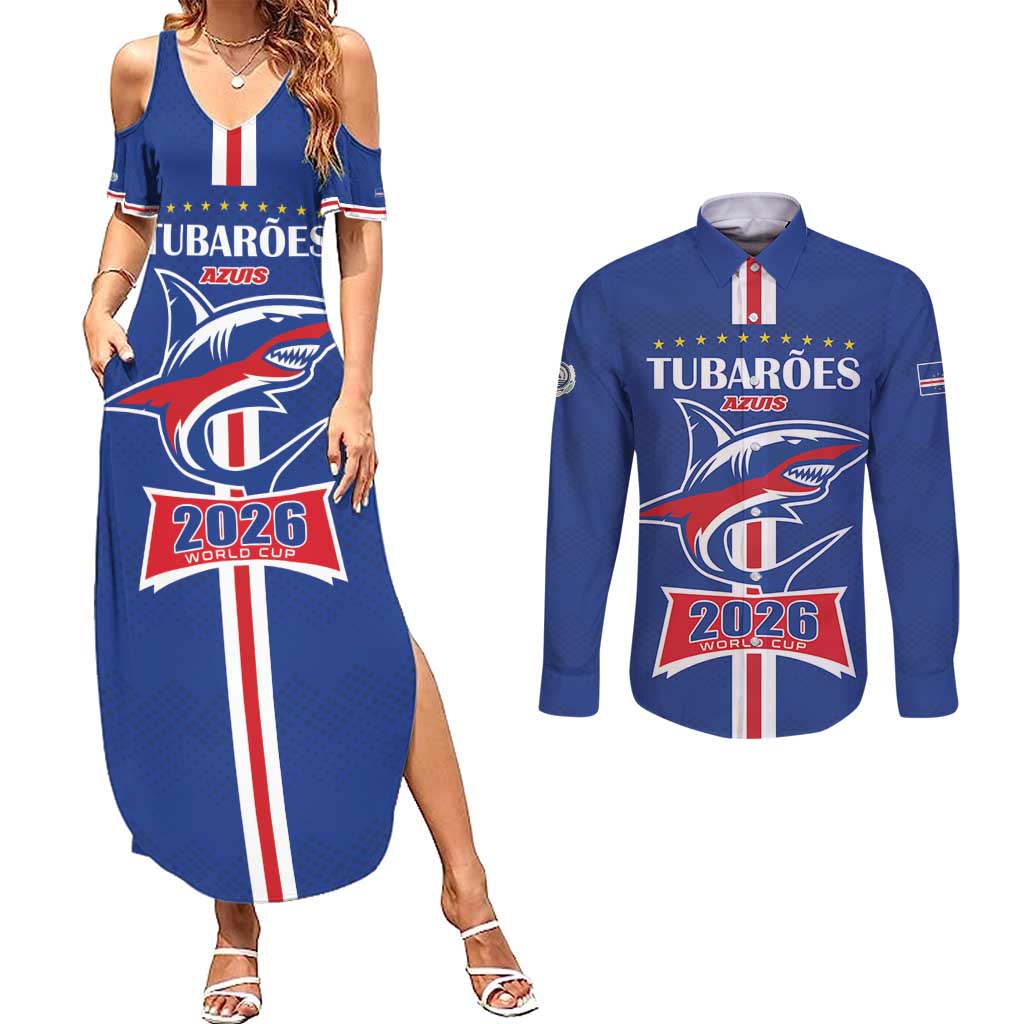 Custom Cape Verde 2026 Football Couples Matching Summer Maxi Dress and Long Sleeve Button Shirt Blue Sharks WC Debut - Wonder Print Shop
