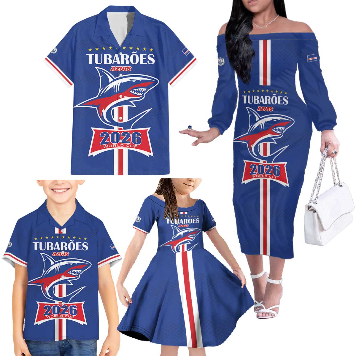 Custom Cape Verde 2026 Football Family Matching Off The Shoulder Long Sleeve Dress and Hawaiian Shirt Blue Sharks WC Debut - Wonder Print Shop