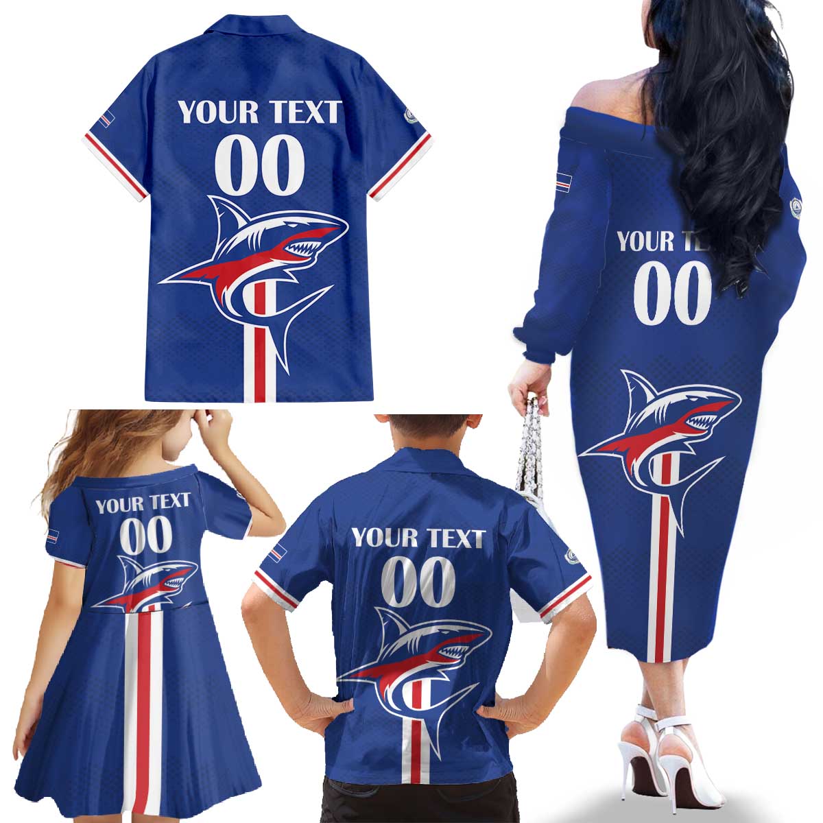 Custom Cape Verde 2026 Football Family Matching Off The Shoulder Long Sleeve Dress and Hawaiian Shirt Blue Sharks WC Debut - Wonder Print Shop