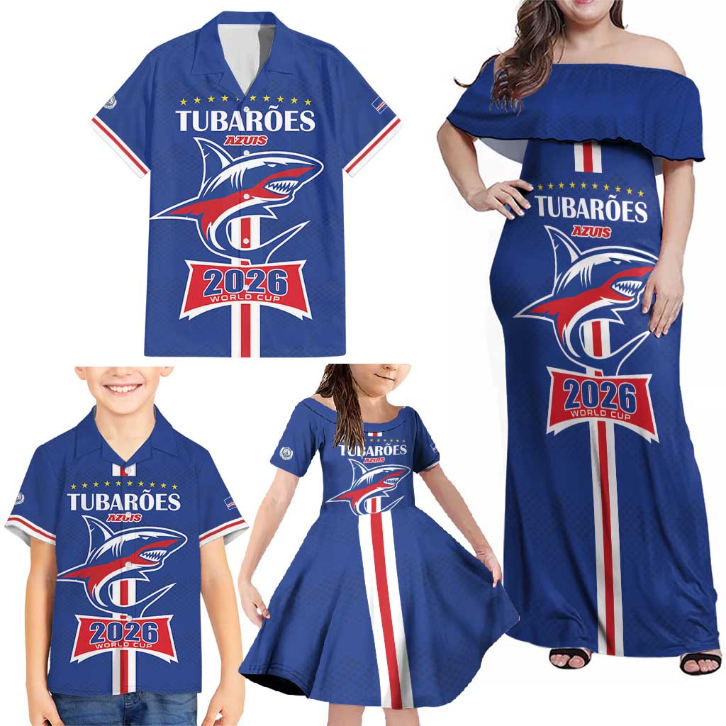 Custom Cape Verde 2026 Football Family Matching Off Shoulder Maxi Dress and Hawaiian Shirt Blue Sharks WC Debut - Wonder Print Shop