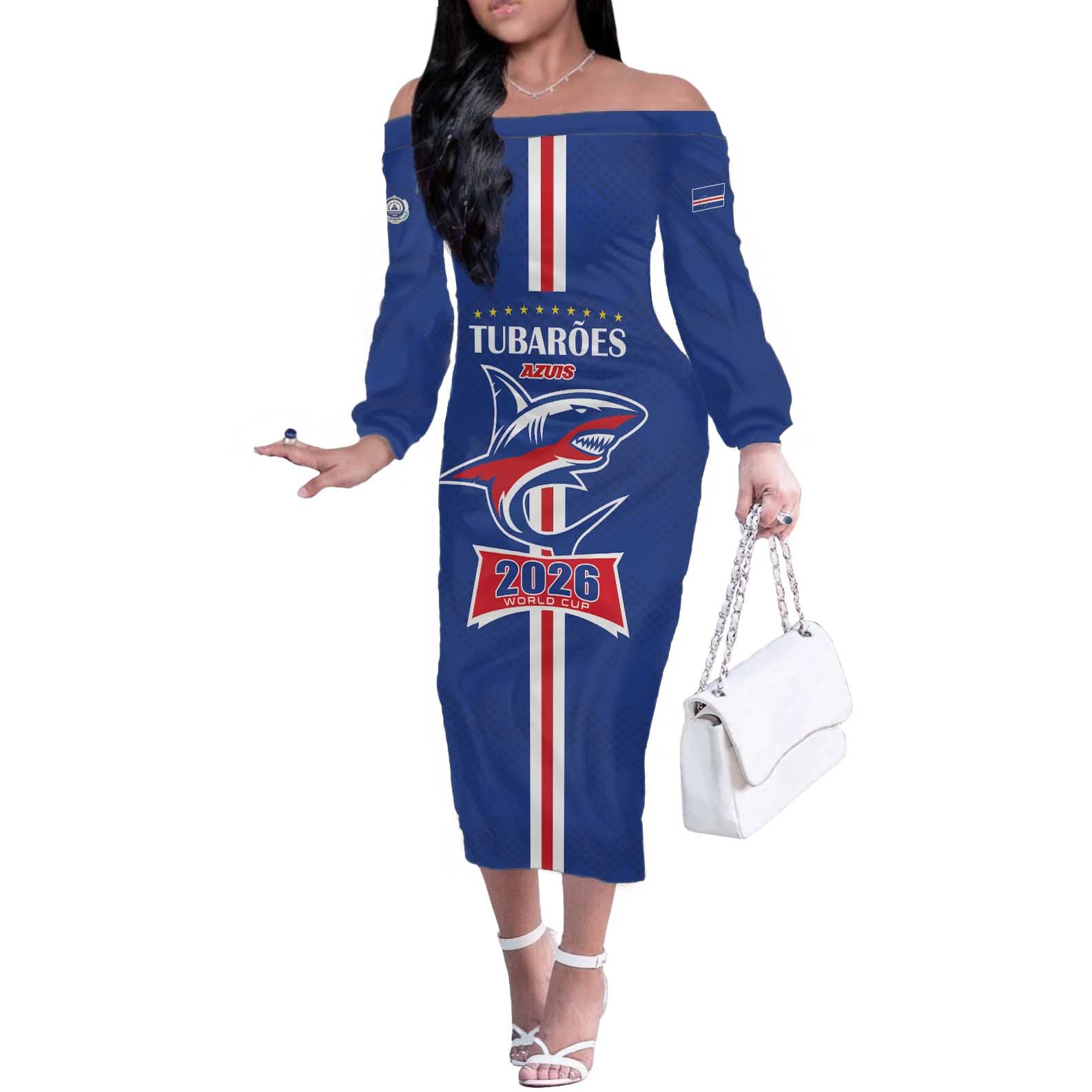 Custom Cape Verde 2026 Football Off The Shoulder Long Sleeve Dress Blue Sharks WC Debut - Wonder Print Shop