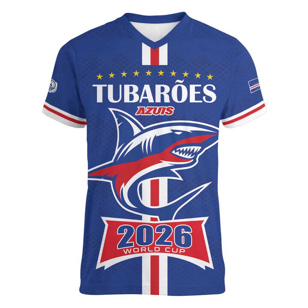 Custom Cape Verde 2026 Football Women V-Neck T-Shirt Blue Sharks WC Debut - Wonder Print Shop