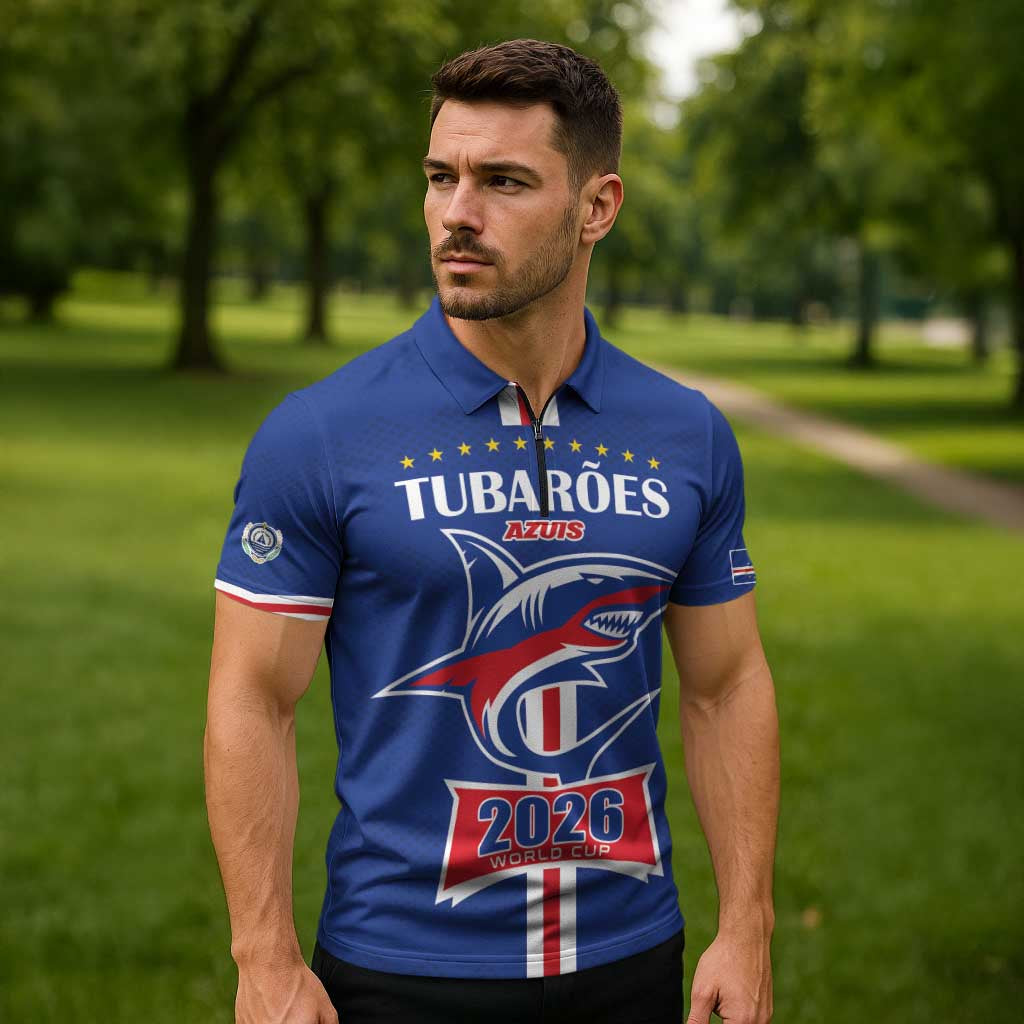 Custom Cape Verde 2026 Football Zipper Polo Shirt Blue Sharks WC Debut - Wonder Print Shop
