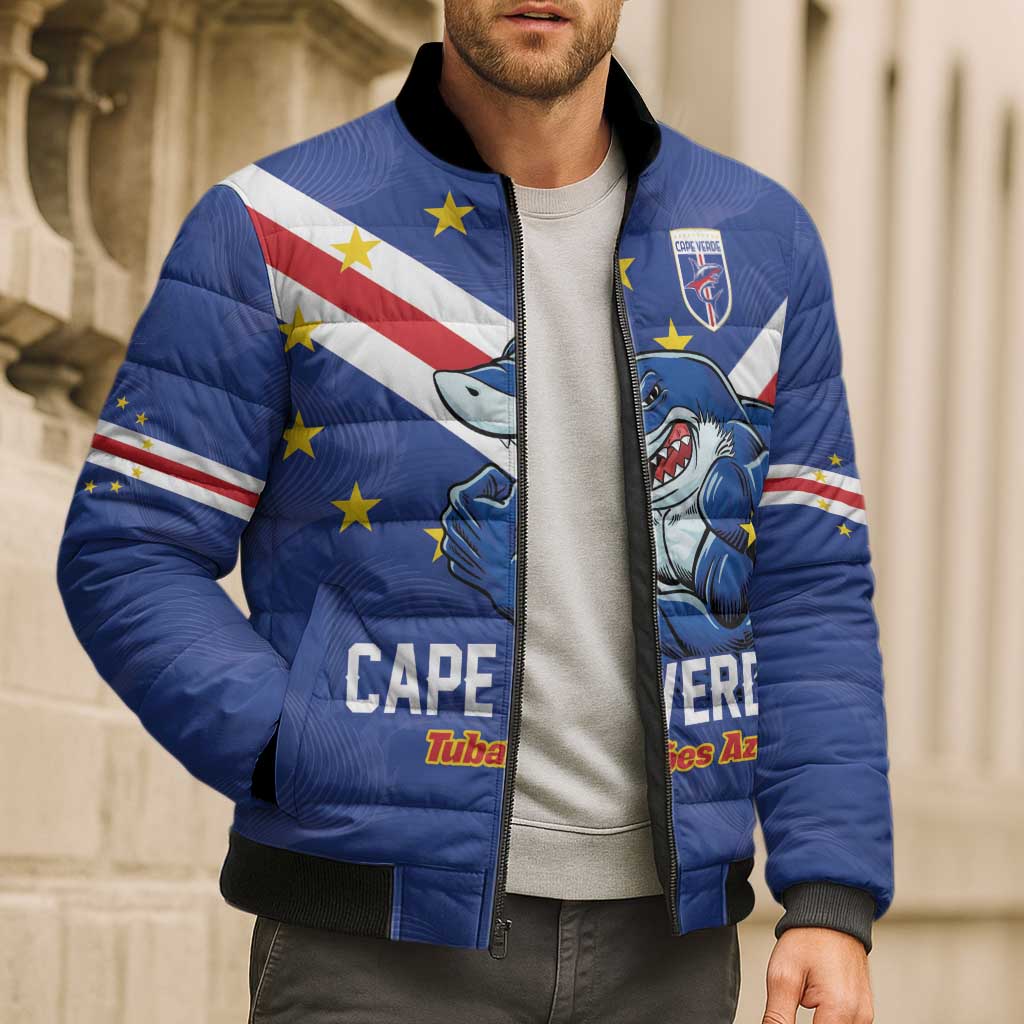 Custom Cape Verde Football Bomber Puffer Jacket Tubaroes Azuis Make History - Wonder Print Shop