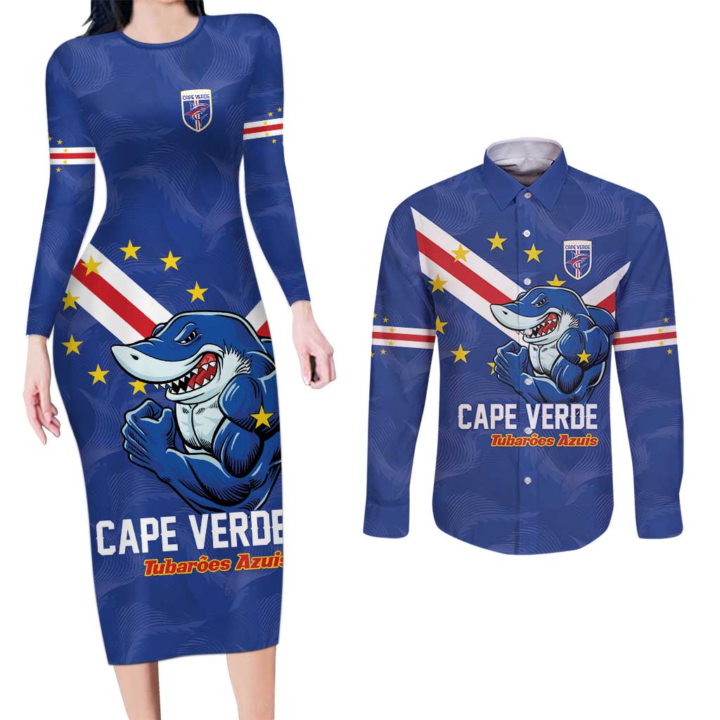 Custom Cape Verde Football Couples Matching Long Sleeve Bodycon Dress and Long Sleeve Button Shirt Tubaroes Azuis Make History - Wonder Print Shop
