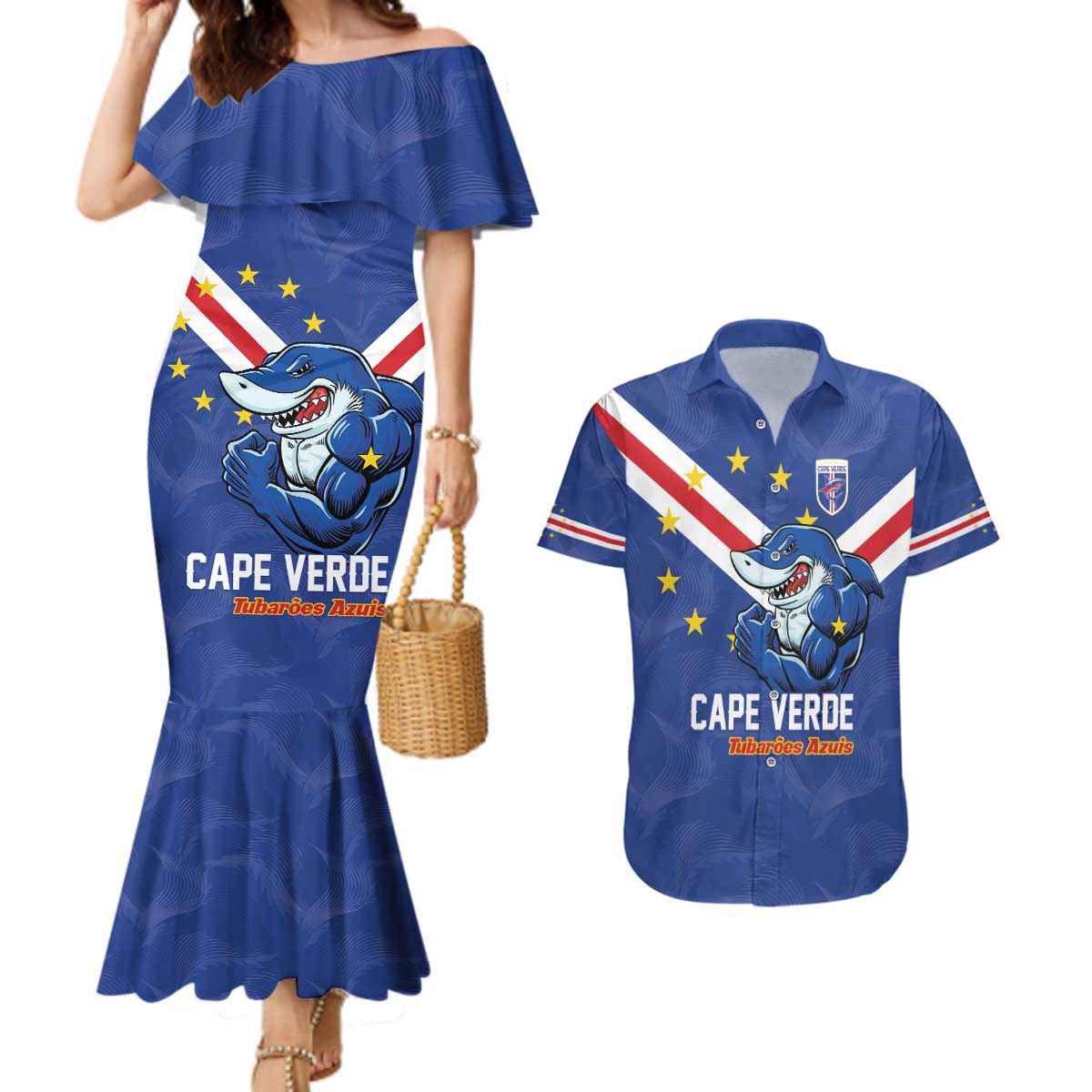Custom Cape Verde Football Couples Matching Mermaid Dress and Hawaiian Shirt Tubaroes Azuis Make History - Wonder Print Shop