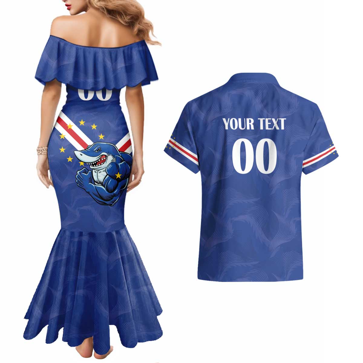 Custom Cape Verde Football Couples Matching Mermaid Dress and Hawaiian Shirt Tubaroes Azuis Make History - Wonder Print Shop