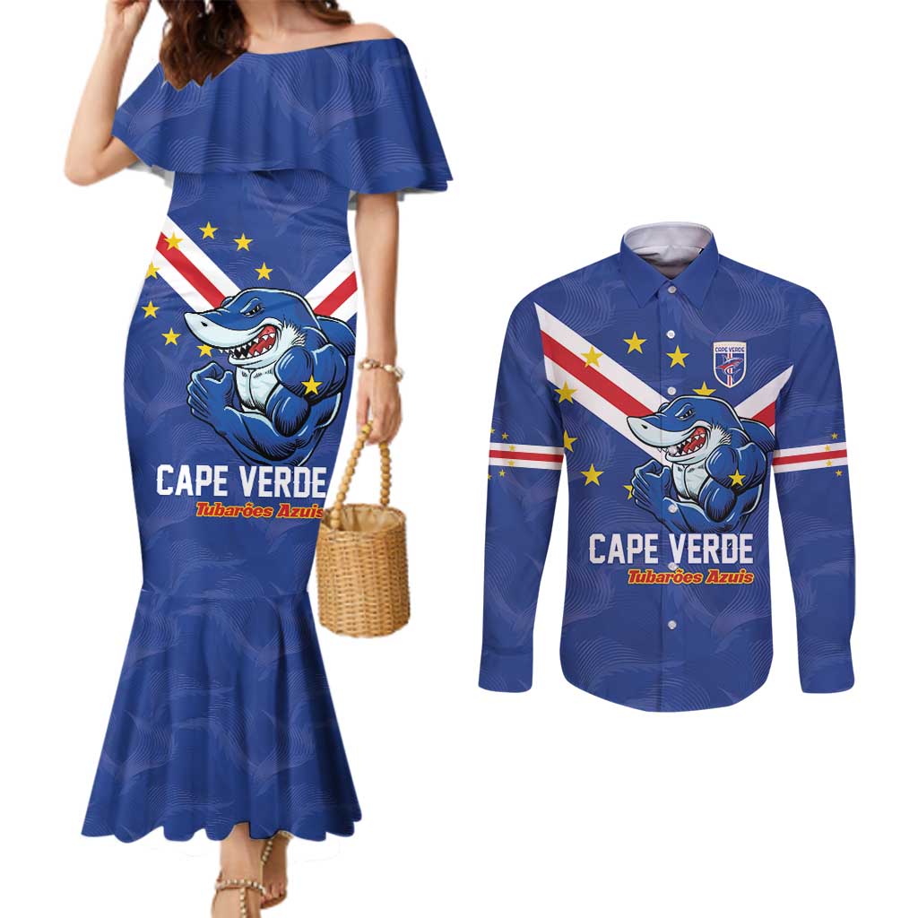 Custom Cape Verde Football Couples Matching Mermaid Dress and Long Sleeve Button Shirt Tubaroes Azuis Make History - Wonder Print Shop