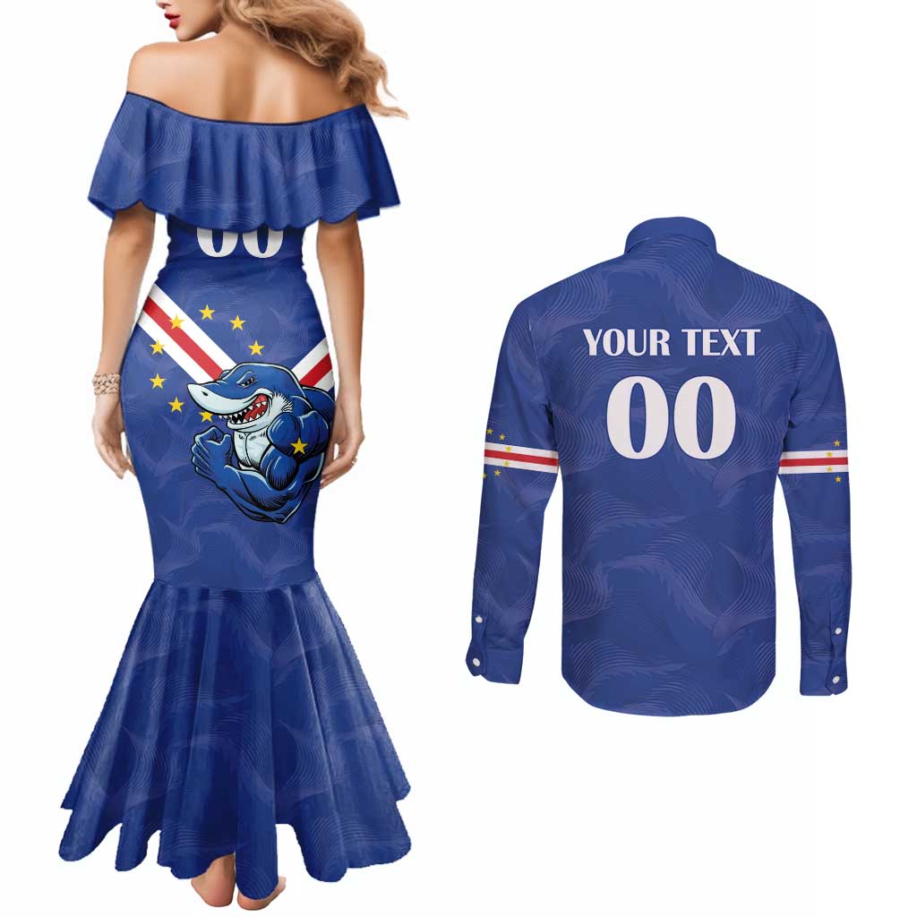 Custom Cape Verde Football Couples Matching Mermaid Dress and Long Sleeve Button Shirt Tubaroes Azuis Make History - Wonder Print Shop
