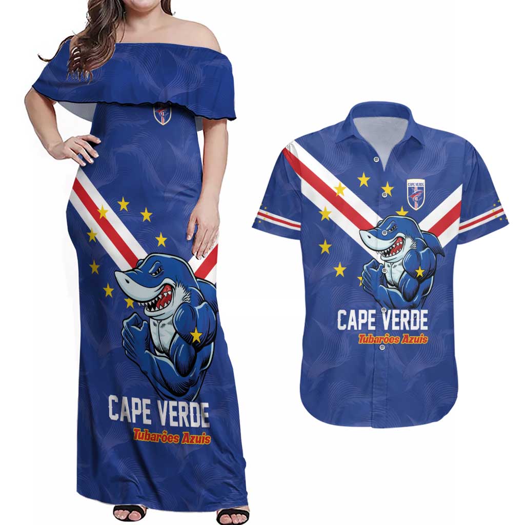 Custom Cape Verde Football Couples Matching Off Shoulder Maxi Dress and Hawaiian Shirt Tubaroes Azuis Make History - Wonder Print Shop