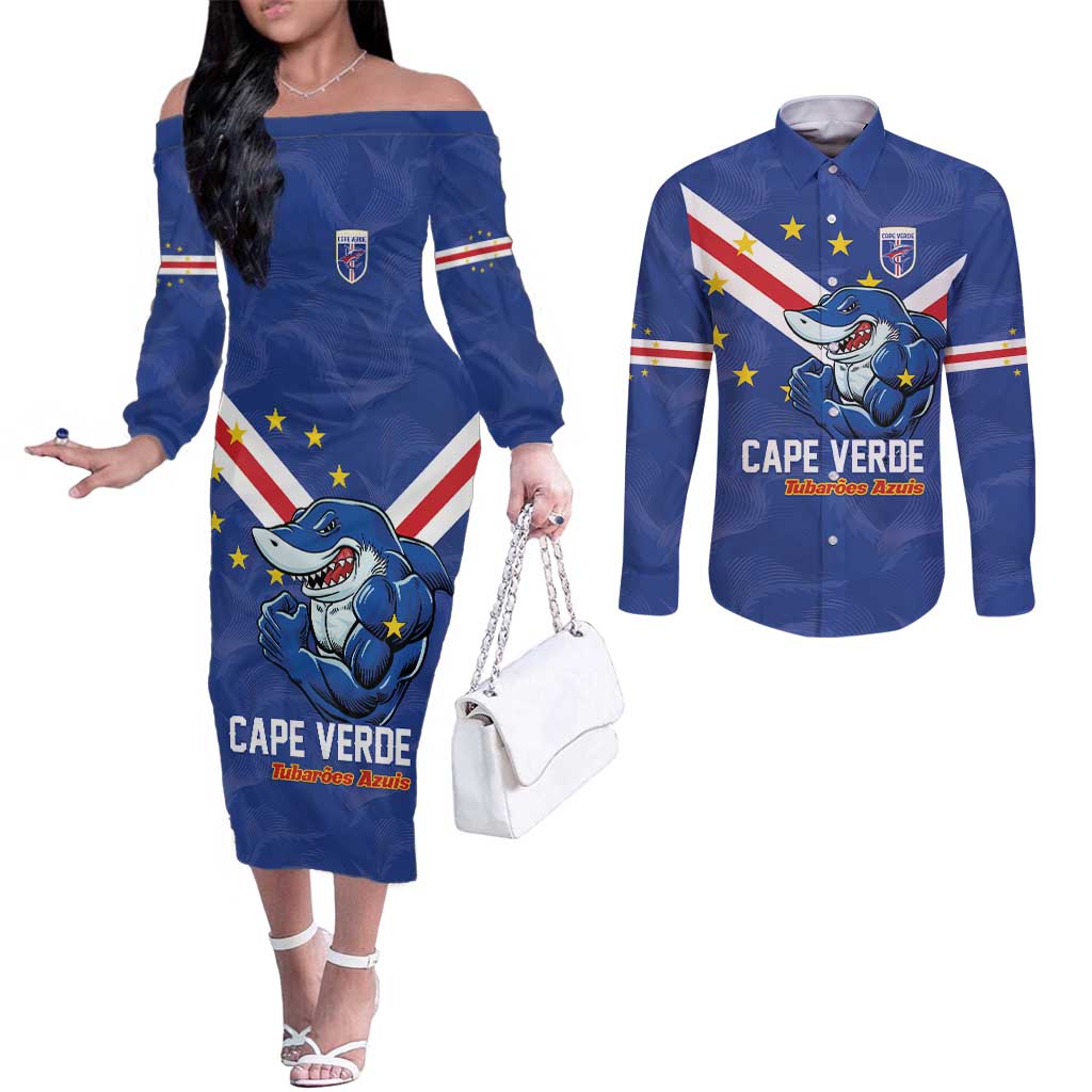 Custom Cape Verde Football Couples Matching Off The Shoulder Long Sleeve Dress and Long Sleeve Button Shirt Tubaroes Azuis Make History - Wonder Print Shop