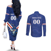 Custom Cape Verde Football Couples Matching Off The Shoulder Long Sleeve Dress and Long Sleeve Button Shirt Tubaroes Azuis Make History - Wonder Print Shop