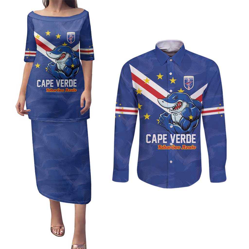 Custom Cape Verde Football Couples Matching Puletasi and Long Sleeve Button Shirt Tubaroes Azuis Make History - Wonder Print Shop
