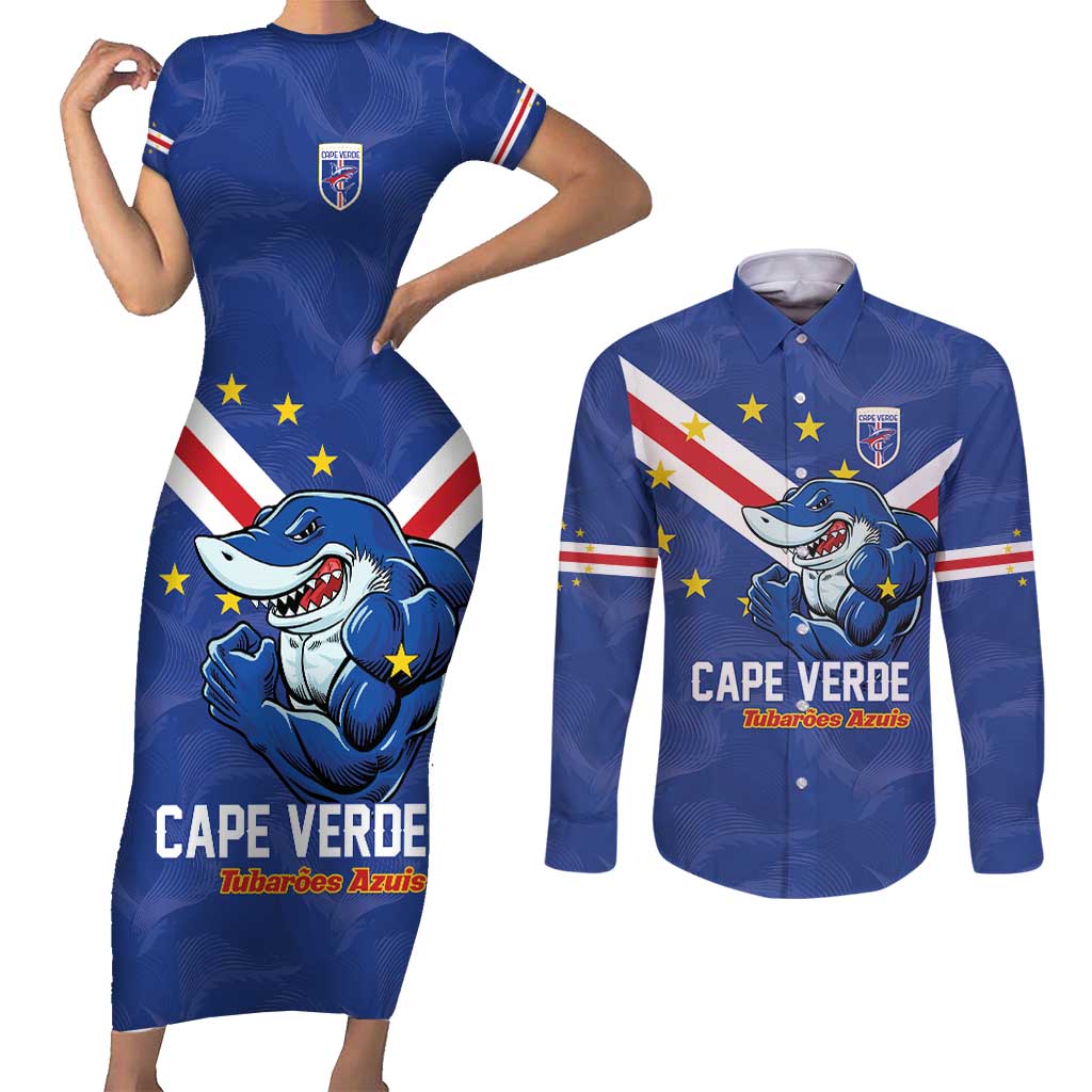Custom Cape Verde Football Couples Matching Short Sleeve Bodycon Dress and Long Sleeve Button Shirt Tubaroes Azuis Make History - Wonder Print Shop