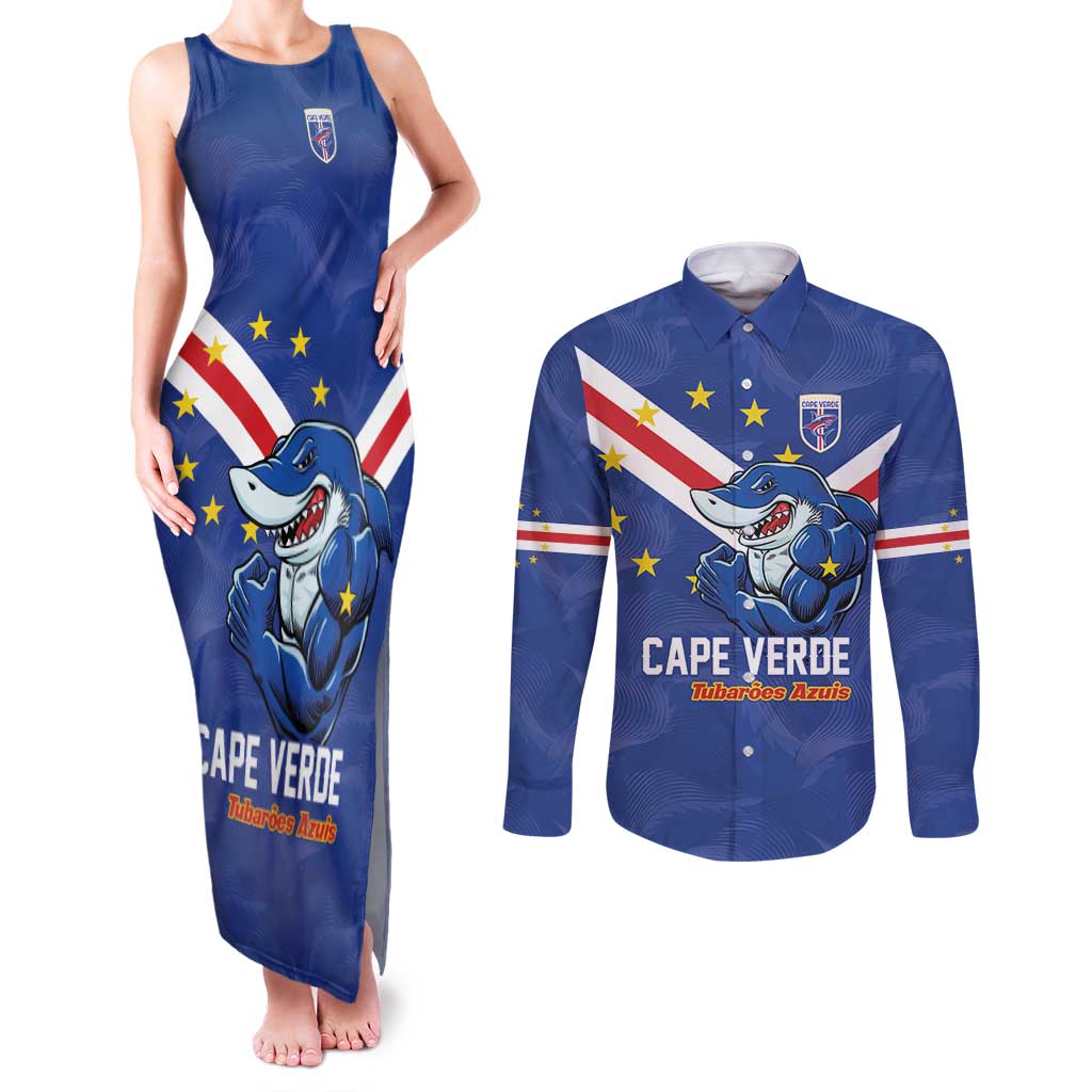Custom Cape Verde Football Couples Matching Tank Maxi Dress and Long Sleeve Button Shirt Tubaroes Azuis Make History - Wonder Print Shop