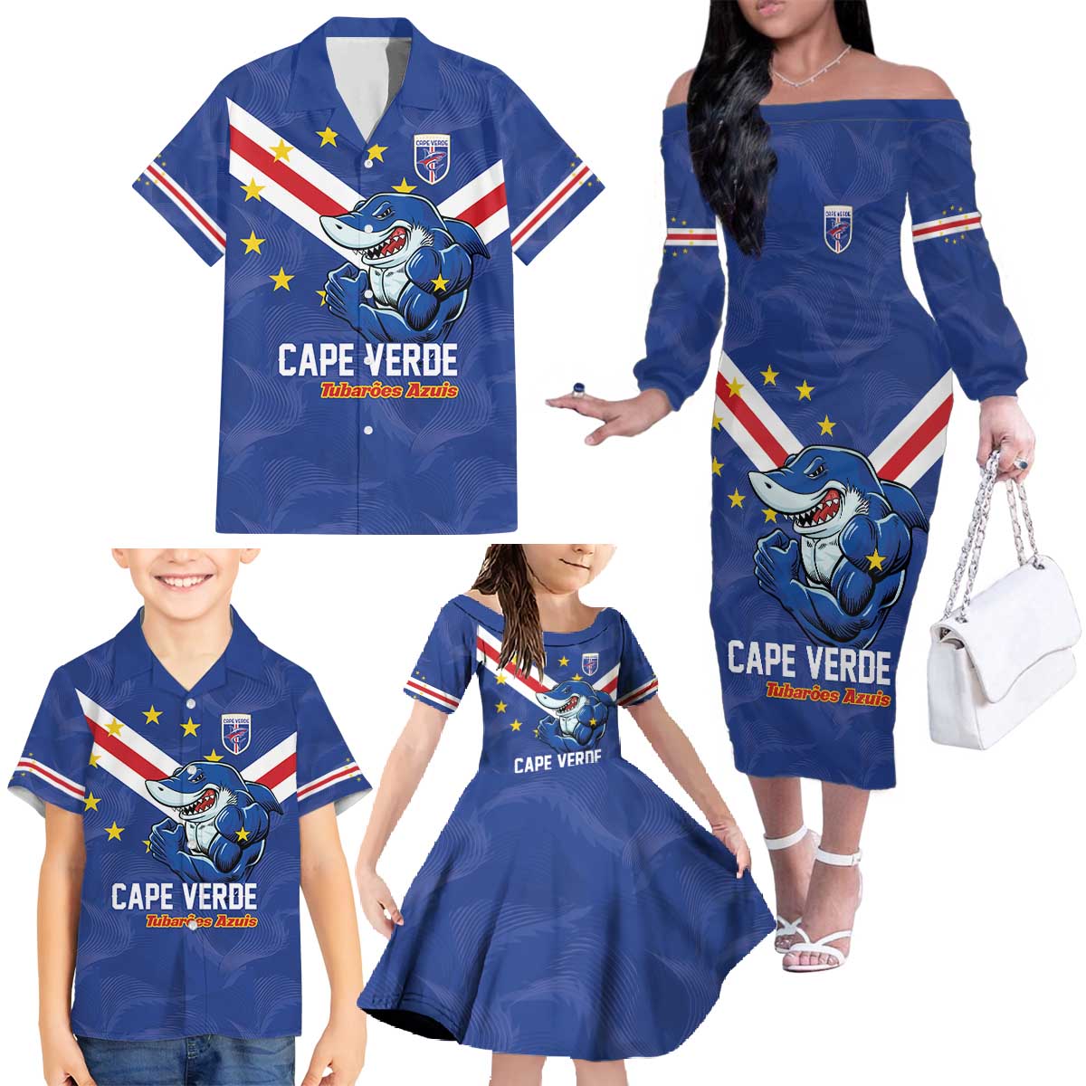 Custom Cape Verde Football Family Matching Off The Shoulder Long Sleeve Dress and Hawaiian Shirt Tubaroes Azuis Make History - Wonder Print Shop