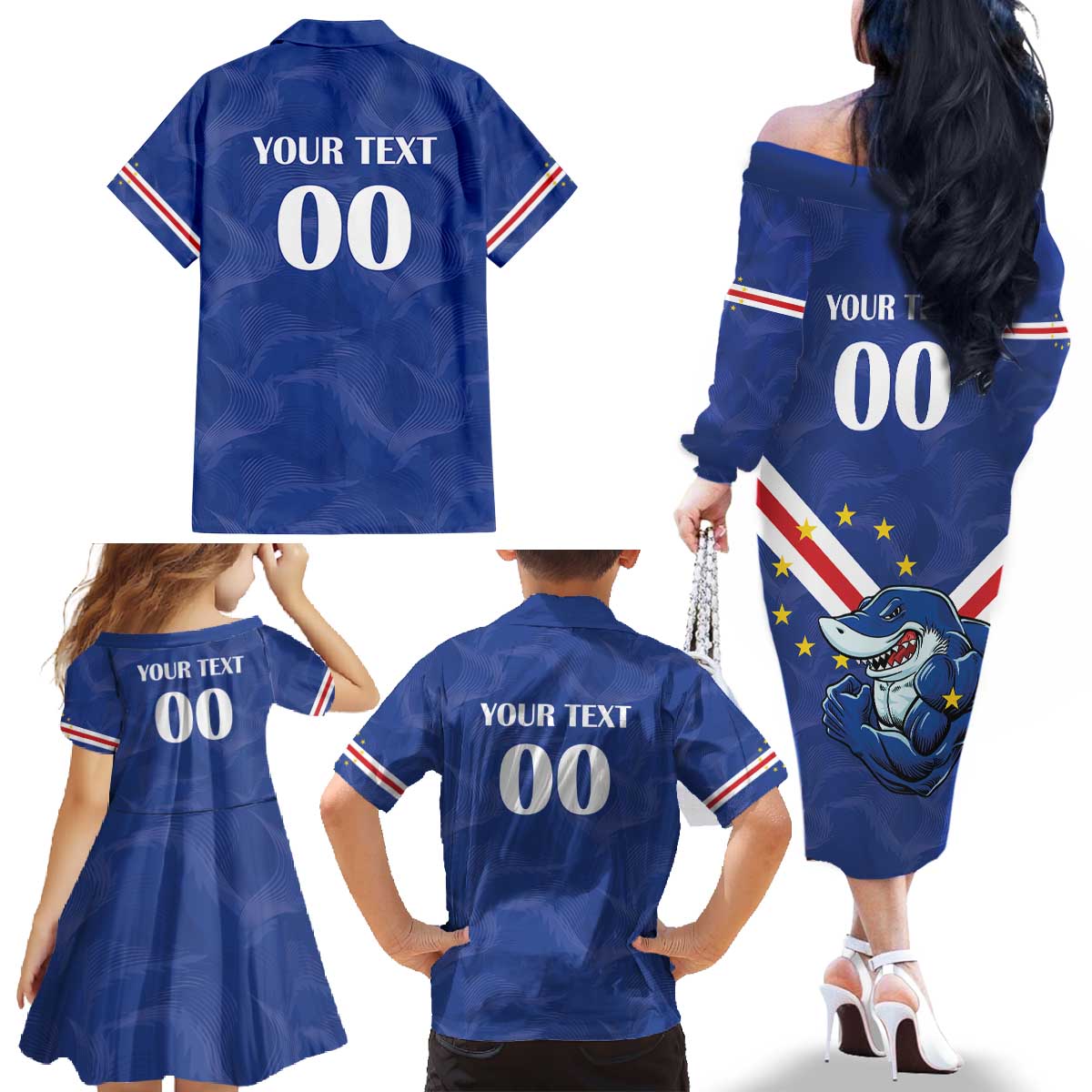 Custom Cape Verde Football Family Matching Off The Shoulder Long Sleeve Dress and Hawaiian Shirt Tubaroes Azuis Make History - Wonder Print Shop
