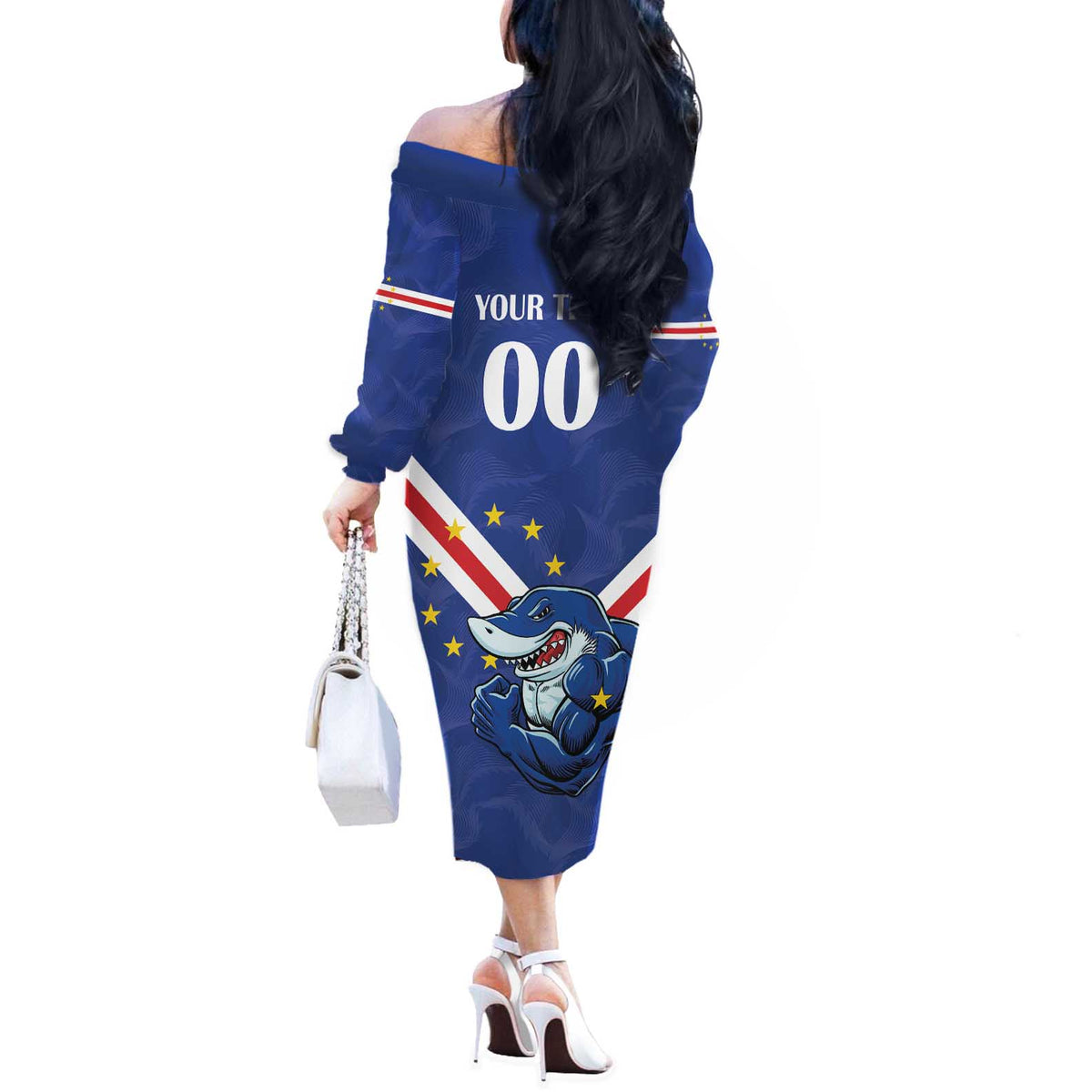 Custom Cape Verde Football Off The Shoulder Long Sleeve Dress Tubaroes Azuis Make History - Wonder Print Shop
