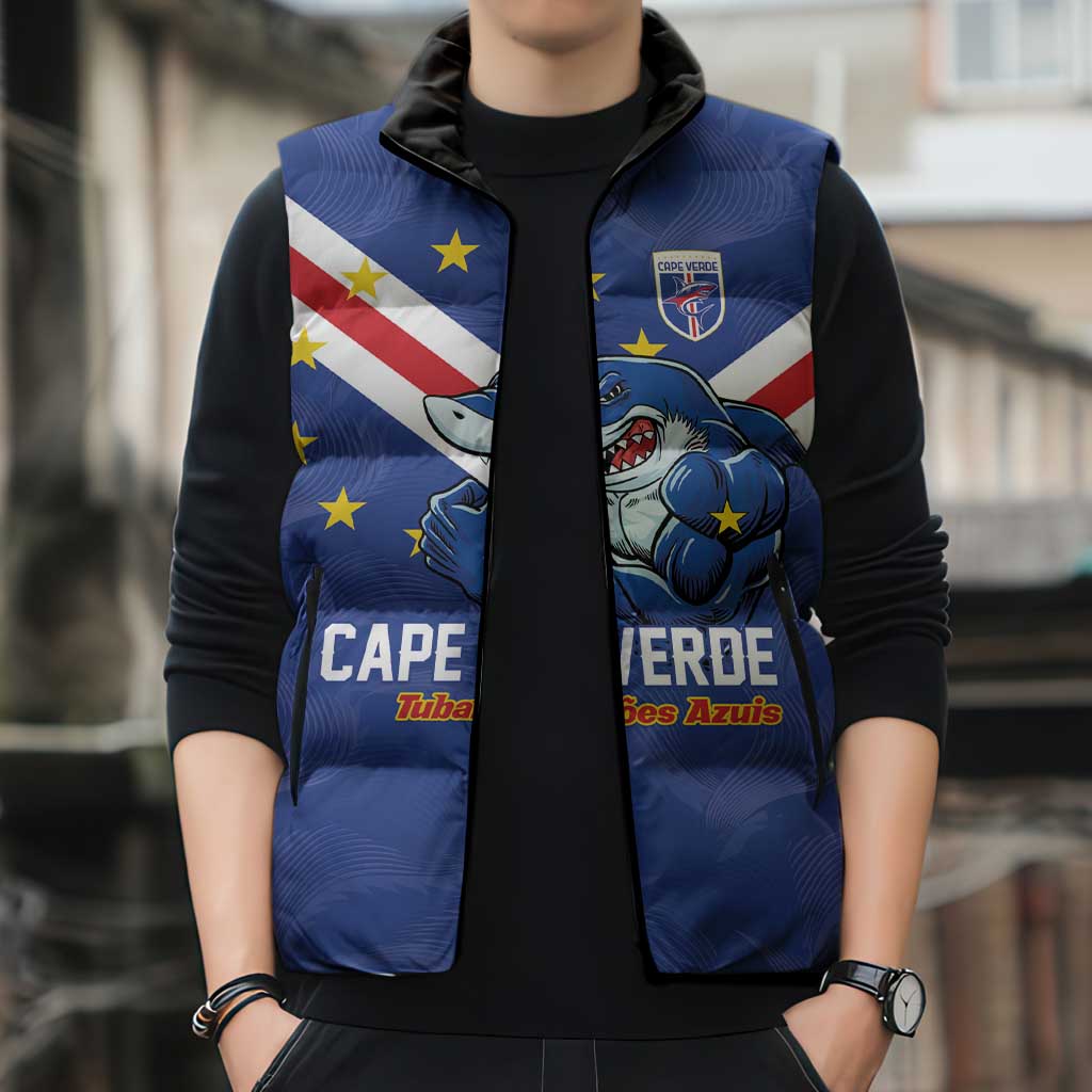 Custom Cape Verde Football Sleeveless Puffer Jacket Tubaroes Azuis Make History - Wonder Print Shop