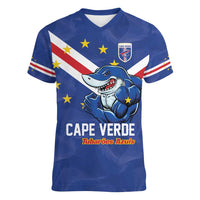 Custom Cape Verde Football Women V-Neck T-Shirt Tubaroes Azuis Make History - Wonder Print Shop