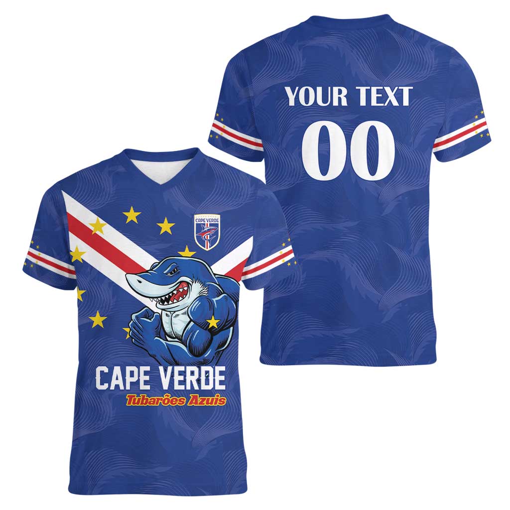 Custom Cape Verde Football Women V-Neck T-Shirt Tubaroes Azuis Make History - Wonder Print Shop