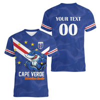 Custom Cape Verde Football Women V-Neck T-Shirt Tubaroes Azuis Make History - Wonder Print Shop
