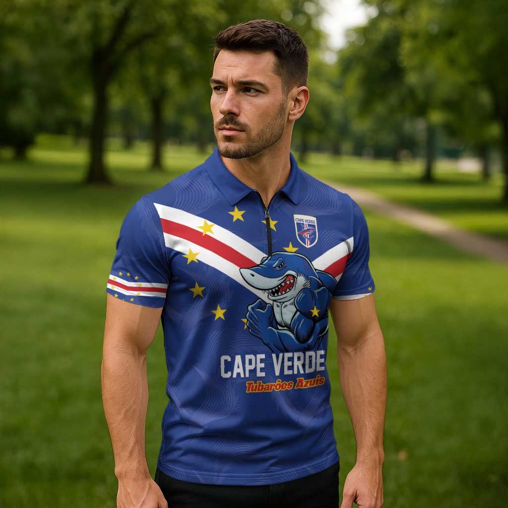 Custom Cape Verde Football Zipper Polo Shirt Tubaroes Azuis Make History - Wonder Print Shop