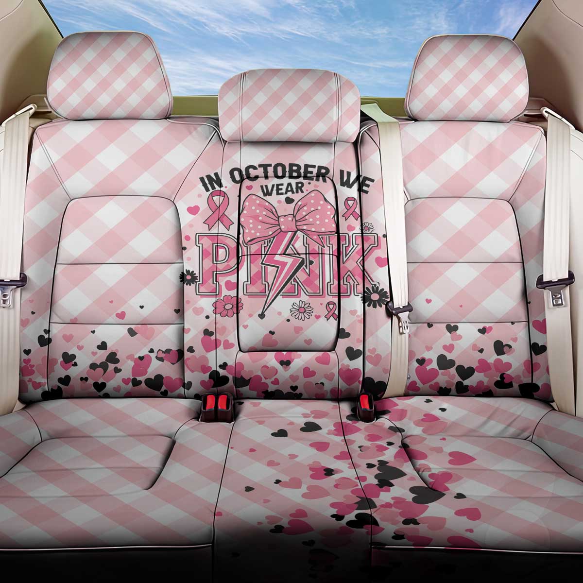 In October We Wear Pink Back Car Seat Cover Pink Pretty Bow Pastel Gingham - Wonder Print Shop