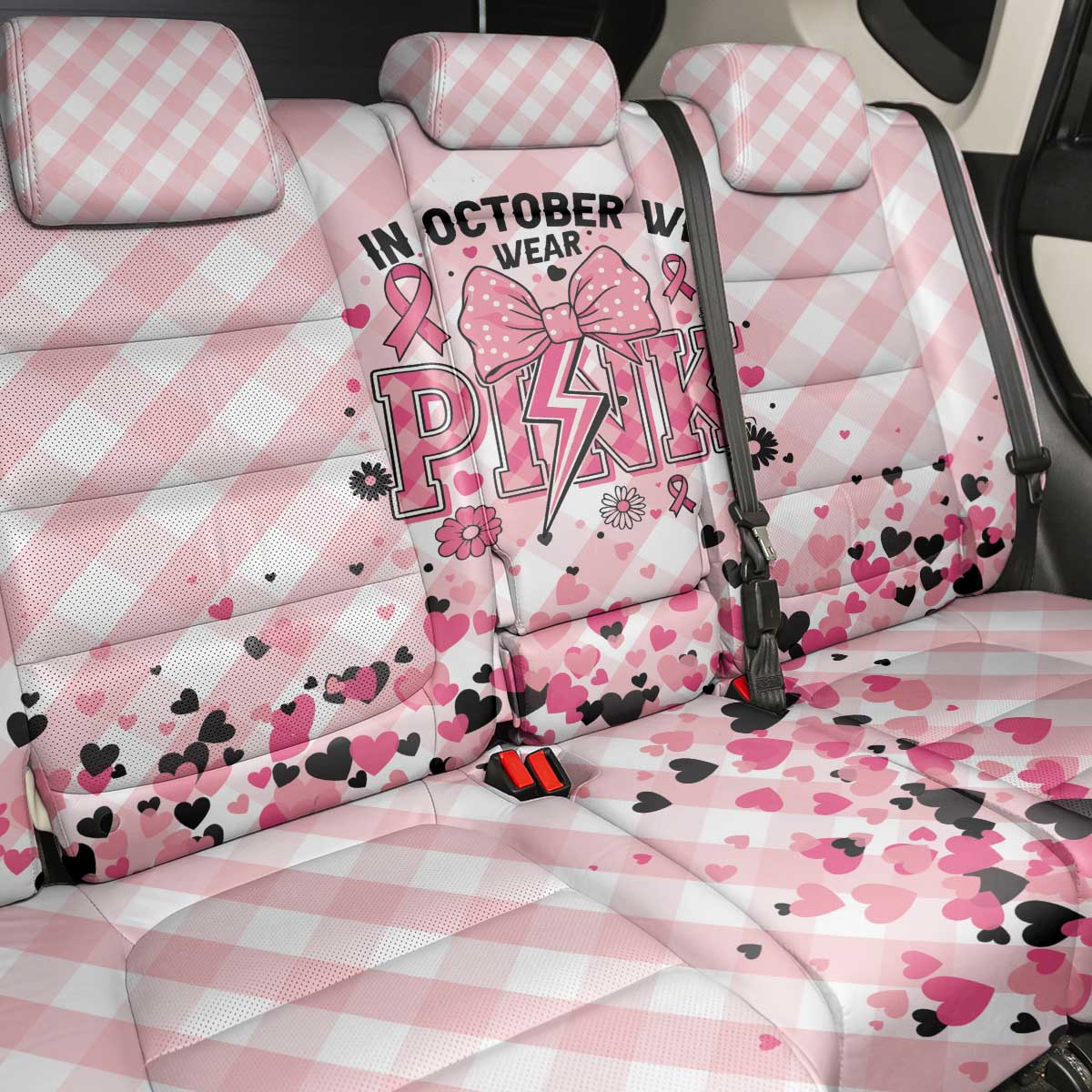 In October We Wear Pink Back Car Seat Cover Pink Pretty Bow Pastel Gingham - Wonder Print Shop