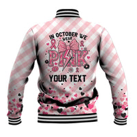Personalized In October We Wear Pink Baseball Jacket Pink Pretty Bow Pastel Gingham - Wonder Print Shop