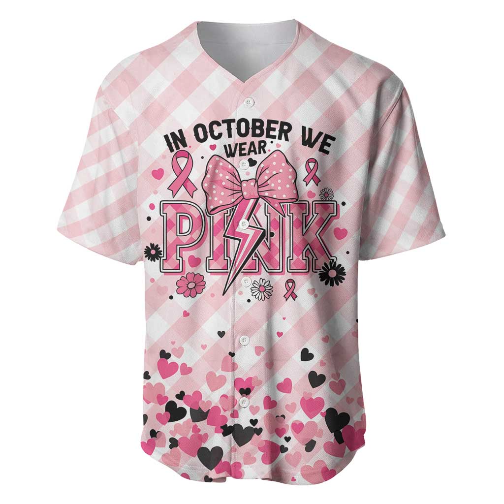 Personalized In October We Wear Pink Baseball Jersey Pink Pretty Bow Pastel Gingham - Wonder Print Shop