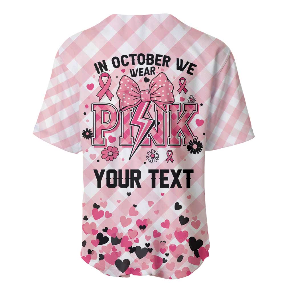 Personalized In October We Wear Pink Baseball Jersey Pink Pretty Bow Pastel Gingham - Wonder Print Shop