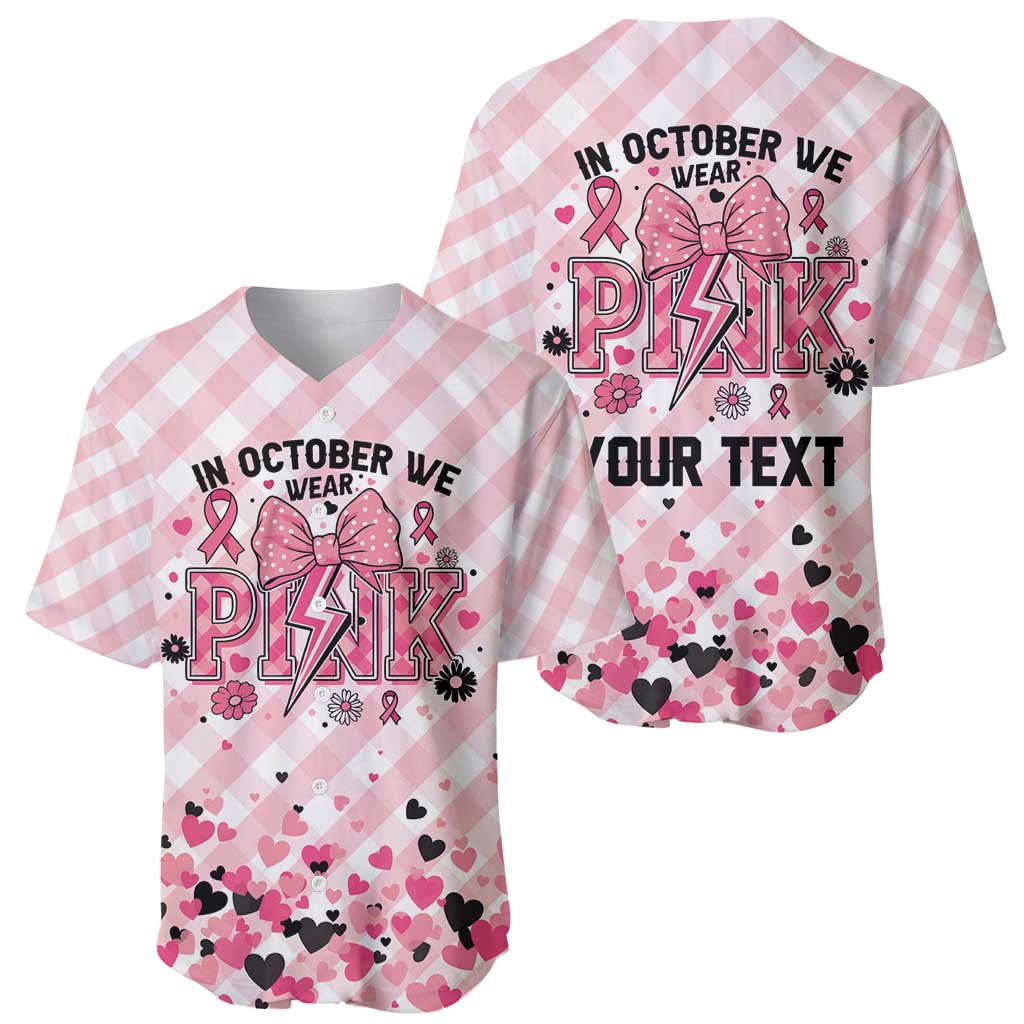 Personalized In October We Wear Pink Baseball Jersey Pink Pretty Bow Pastel Gingham - Wonder Print Shop