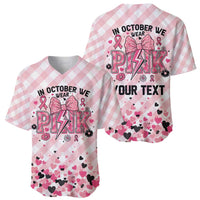 Personalized In October We Wear Pink Baseball Jersey Pink Pretty Bow Pastel Gingham - Wonder Print Shop