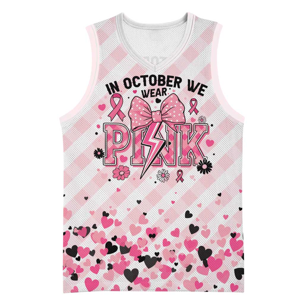 Personalized In October We Wear Pink Basketball Jersey Pink Pretty Bow Pastel Gingham - Wonder Print Shop