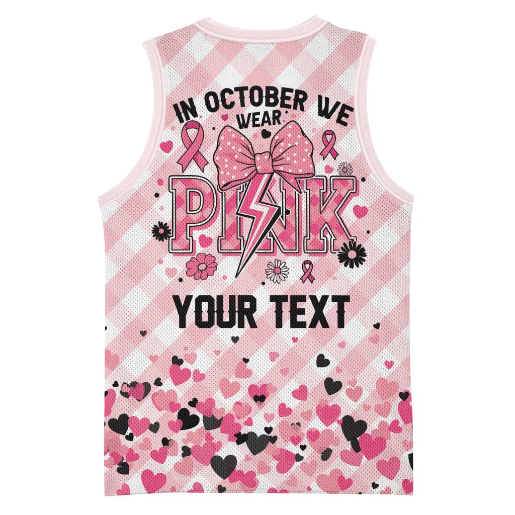 Personalized In October We Wear Pink Basketball Jersey Pink Pretty Bow Pastel Gingham - Wonder Print Shop