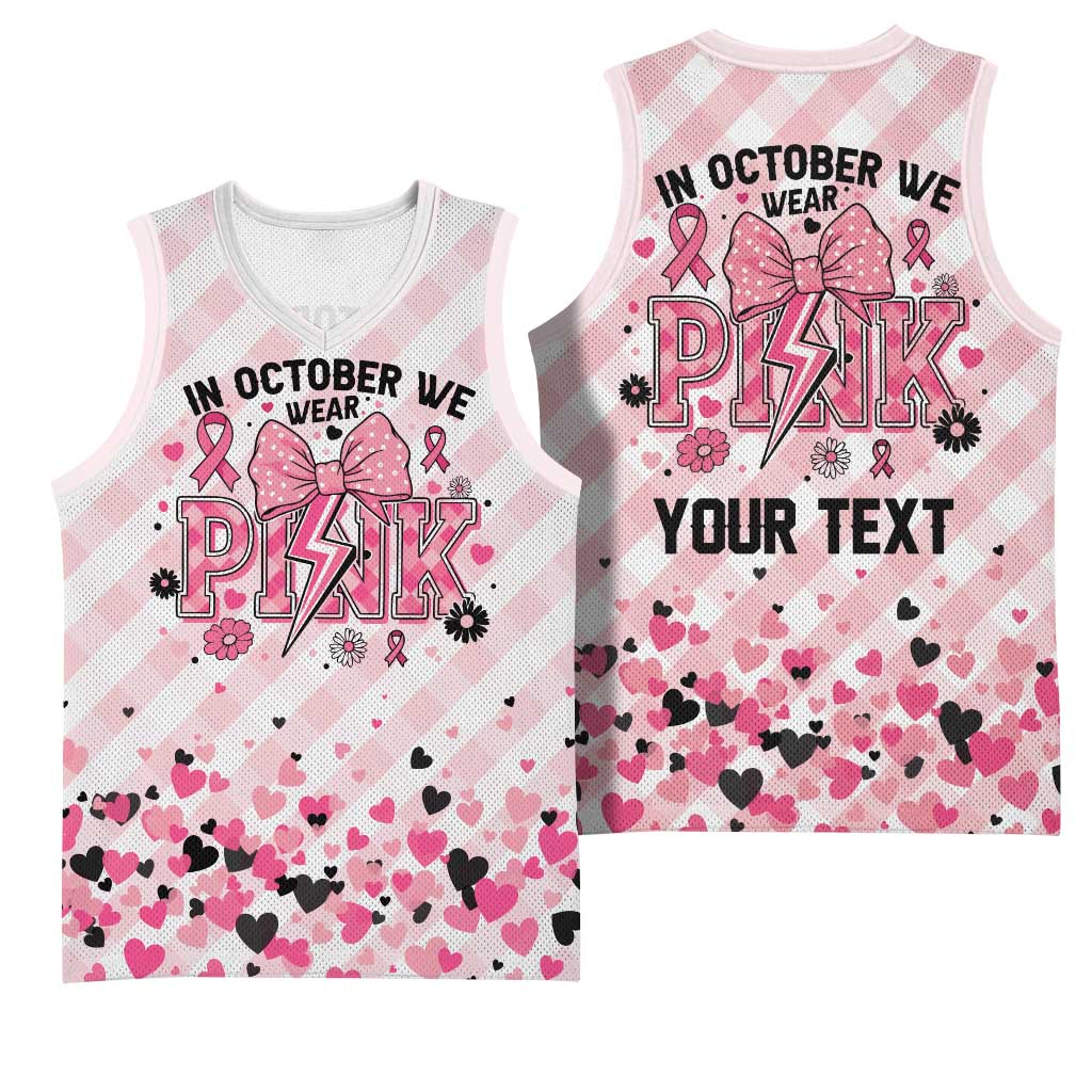 Personalized In October We Wear Pink Basketball Jersey Pink Pretty Bow Pastel Gingham - Wonder Print Shop