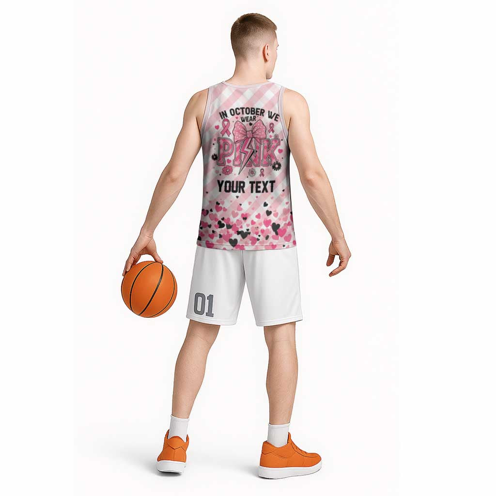 Personalized In October We Wear Pink Basketball Jersey Pink Pretty Bow Pastel Gingham - Wonder Print Shop