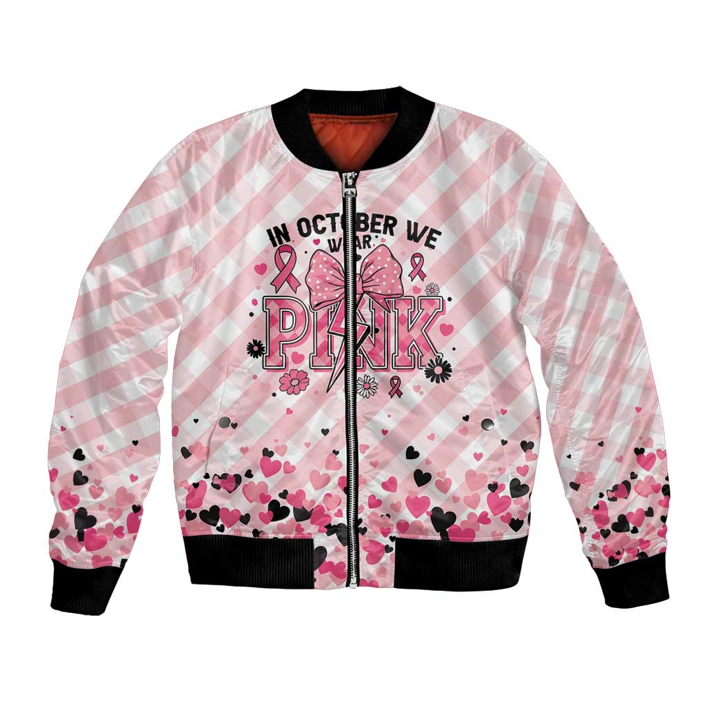 Personalized In October We Wear Pink Bomber Jacket Pink Pretty Bow Pastel Gingham - Wonder Print Shop