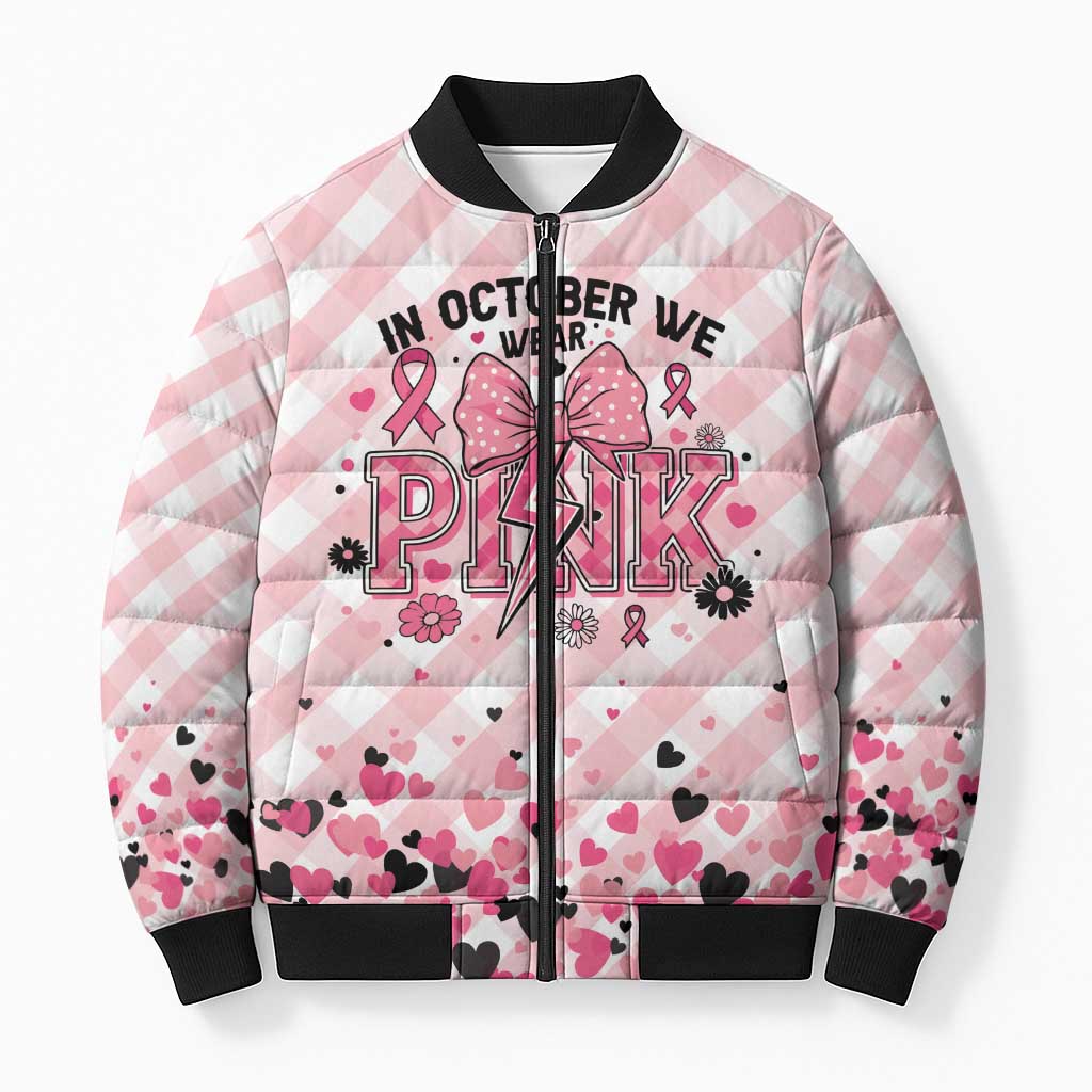 Personalized In October We Wear Pink Bomber Puffer Jacket Pink Pretty Bow Pastel Gingham - Wonder Print Shop
