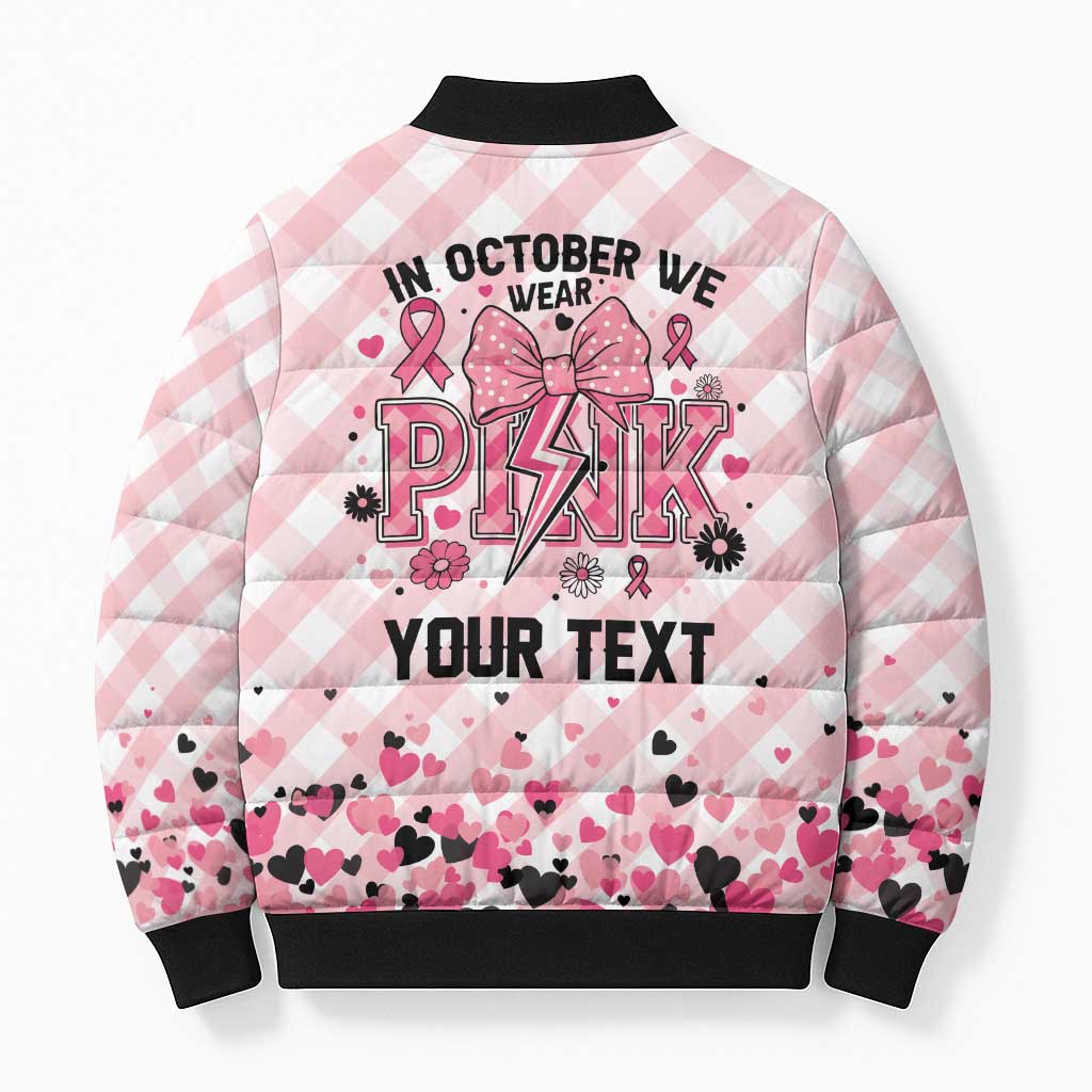 Personalized In October We Wear Pink Bomber Puffer Jacket Pink Pretty Bow Pastel Gingham - Wonder Print Shop