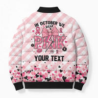 Personalized In October We Wear Pink Bomber Puffer Jacket Pink Pretty Bow Pastel Gingham - Wonder Print Shop