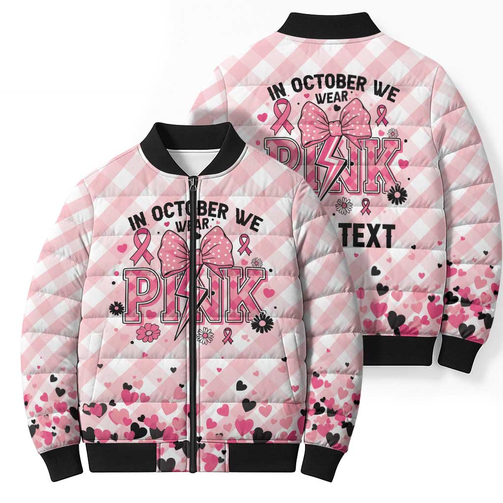 Personalized In October We Wear Pink Bomber Puffer Jacket Pink Pretty Bow Pastel Gingham - Wonder Print Shop