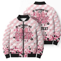 Personalized In October We Wear Pink Bomber Puffer Jacket Pink Pretty Bow Pastel Gingham - Wonder Print Shop